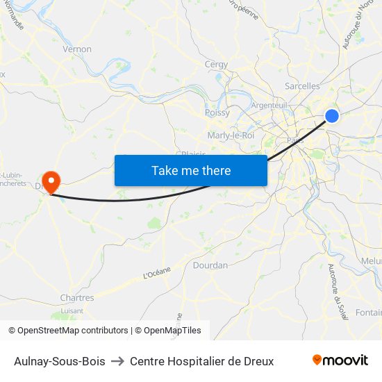 Aulnay-Sous-Bois to Centre Hospitalier de Dreux map