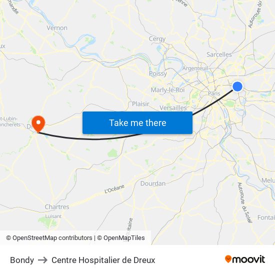 Bondy to Centre Hospitalier de Dreux map