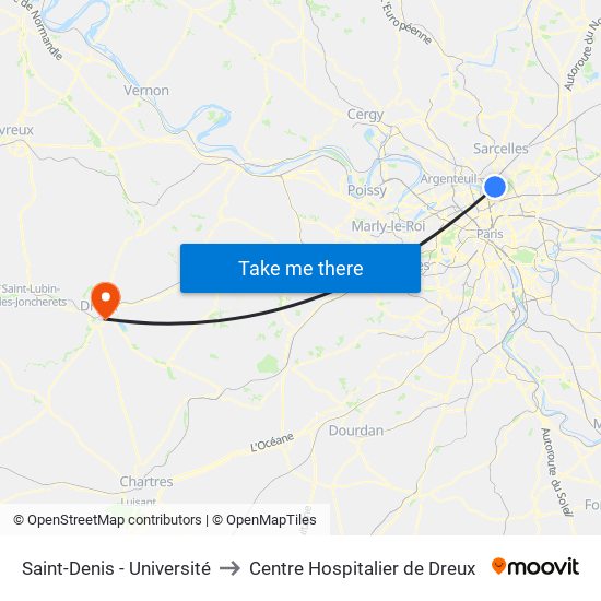 Saint-Denis - Université to Centre Hospitalier de Dreux map