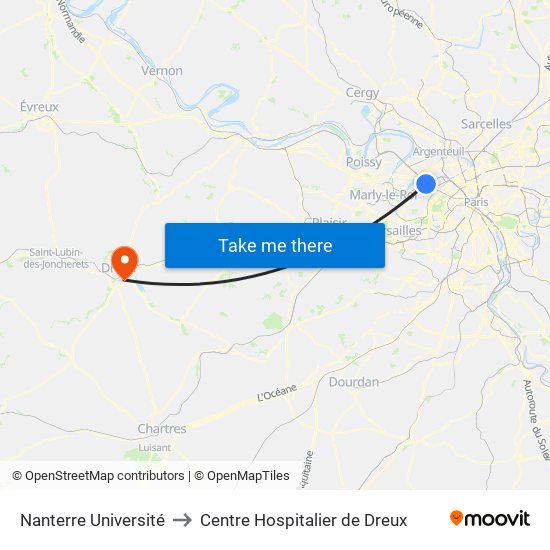 Nanterre Université to Centre Hospitalier de Dreux map