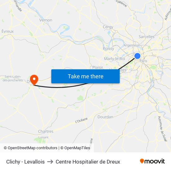 Clichy - Levallois to Centre Hospitalier de Dreux map