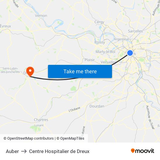 Auber to Centre Hospitalier de Dreux map