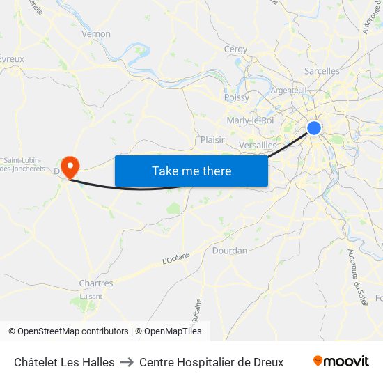 Châtelet Les Halles to Centre Hospitalier de Dreux map