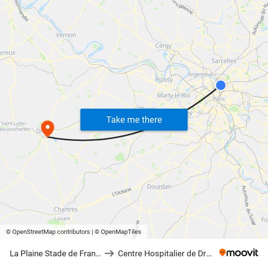 La Plaine Stade de France to Centre Hospitalier de Dreux map