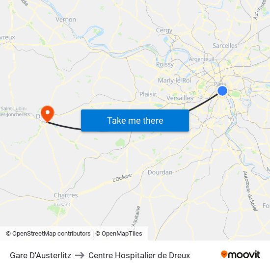 Gare D'Austerlitz to Centre Hospitalier de Dreux map