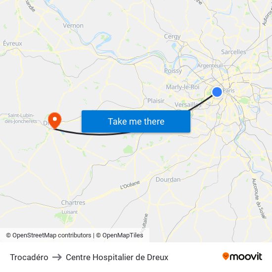 Trocadéro to Centre Hospitalier de Dreux map