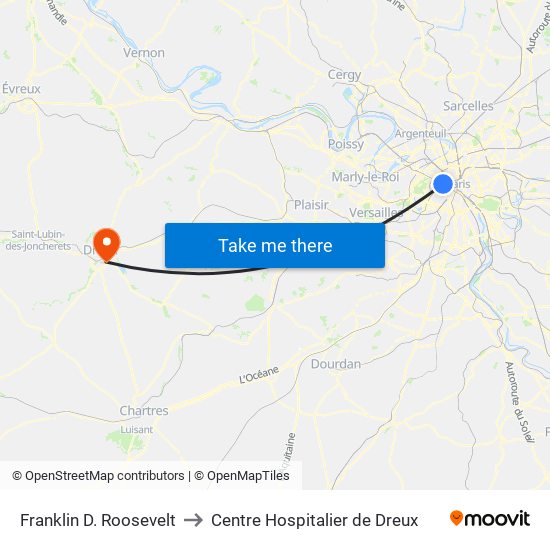 Franklin D. Roosevelt to Centre Hospitalier de Dreux map