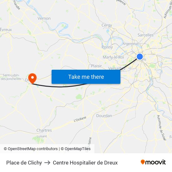 Place de Clichy to Centre Hospitalier de Dreux map