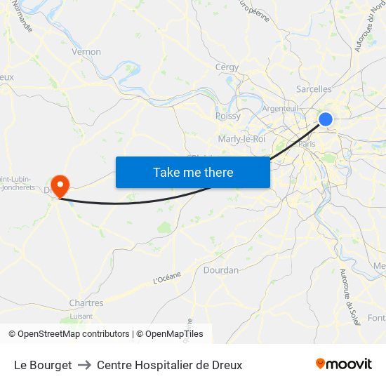 Le Bourget to Centre Hospitalier de Dreux map