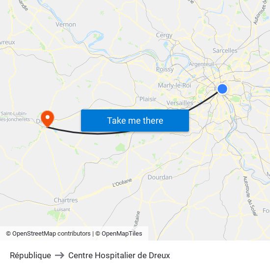 République to Centre Hospitalier de Dreux map