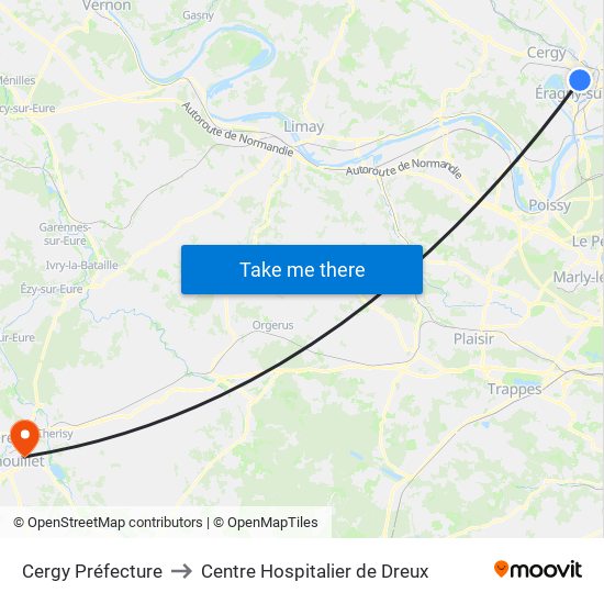 Cergy Préfecture to Centre Hospitalier de Dreux map