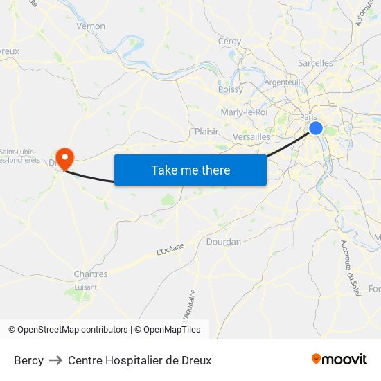 Bercy to Centre Hospitalier de Dreux map
