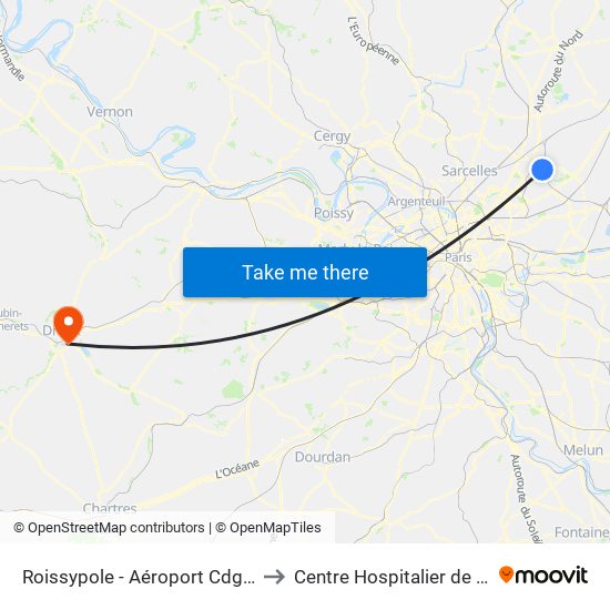 Roissypole - Aéroport Cdg1 (D3) to Centre Hospitalier de Dreux map