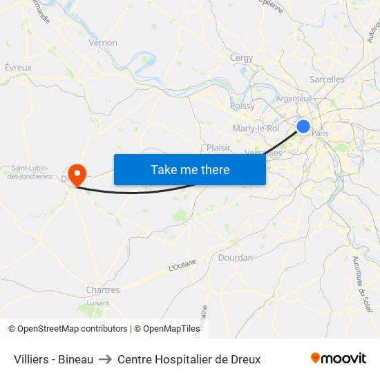 Villiers - Bineau to Centre Hospitalier de Dreux map