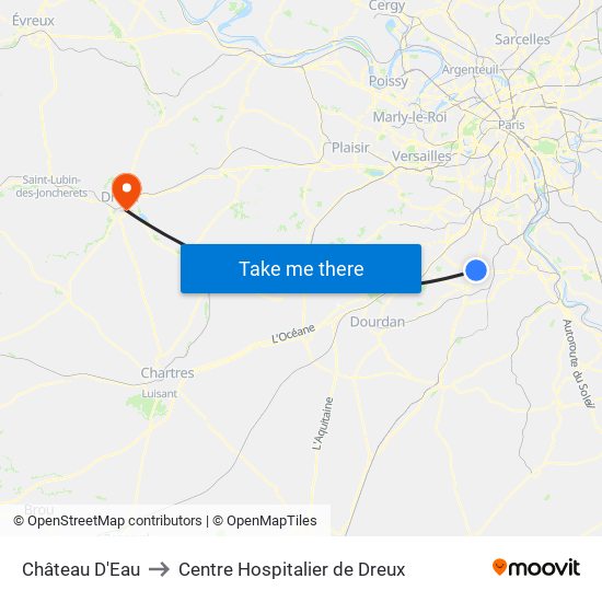 Château D'Eau to Centre Hospitalier de Dreux map