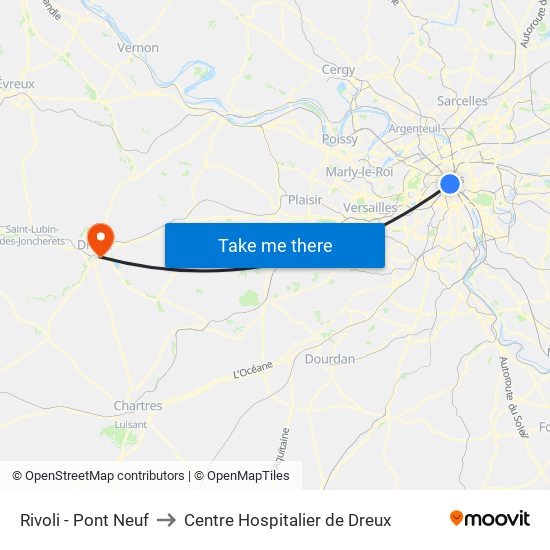 Rivoli - Pont Neuf to Centre Hospitalier de Dreux map
