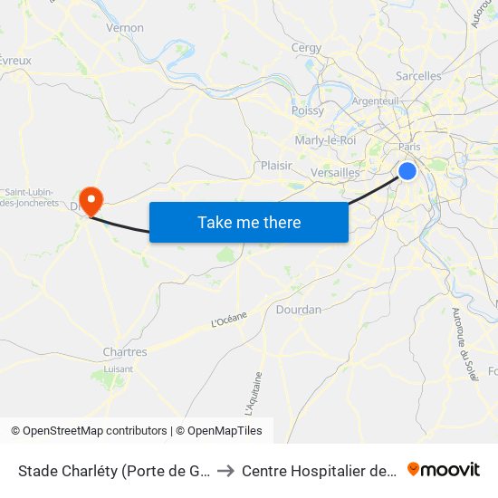 Stade Charléty (Porte de Gentilly) to Centre Hospitalier de Dreux map