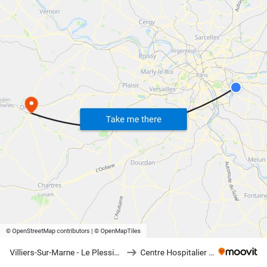 Villiers-Sur-Marne - Le Plessis-Trévise RER to Centre Hospitalier de Dreux map