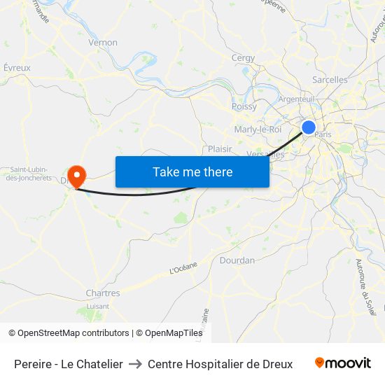 Pereire - Le Chatelier to Centre Hospitalier de Dreux map