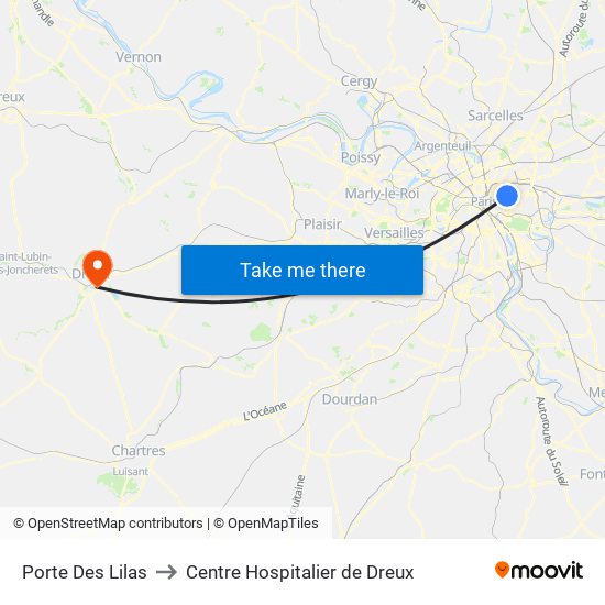 Porte Des Lilas to Centre Hospitalier de Dreux map