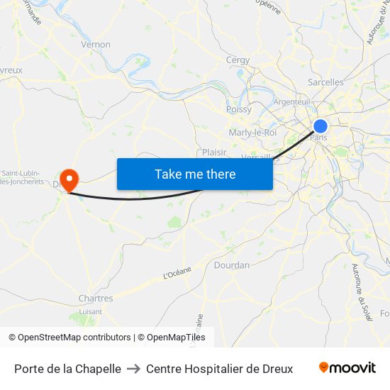 Porte de la Chapelle to Centre Hospitalier de Dreux map