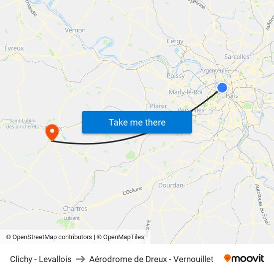 Clichy - Levallois to Aérodrome de Dreux - Vernouillet map