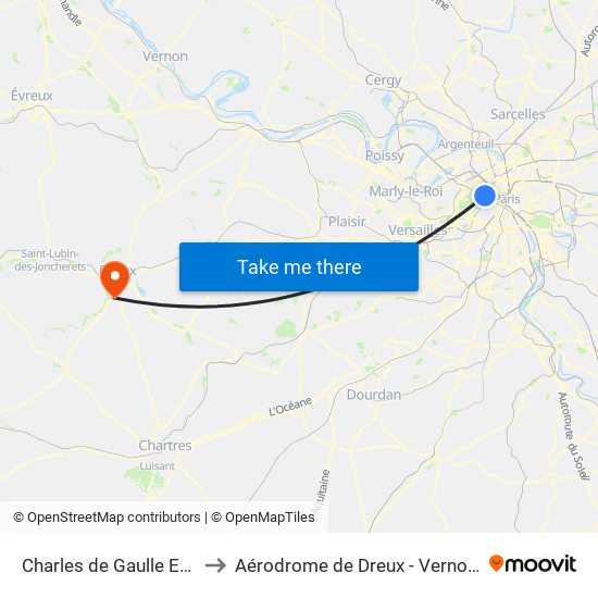 Charles de Gaulle Etoile to Aérodrome de Dreux - Vernouillet map