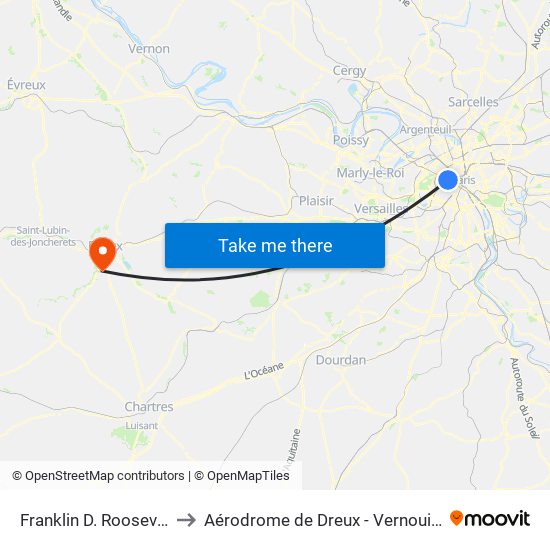 Franklin D. Roosevelt to Aérodrome de Dreux - Vernouillet map