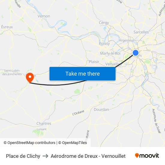 Place de Clichy to Aérodrome de Dreux - Vernouillet map