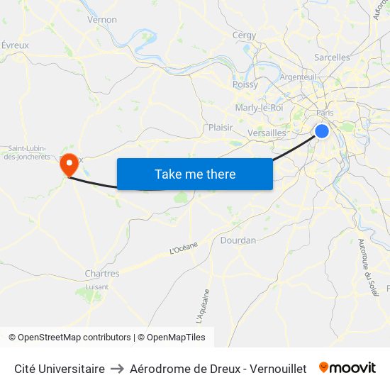 Cité Universitaire to Aérodrome de Dreux - Vernouillet map