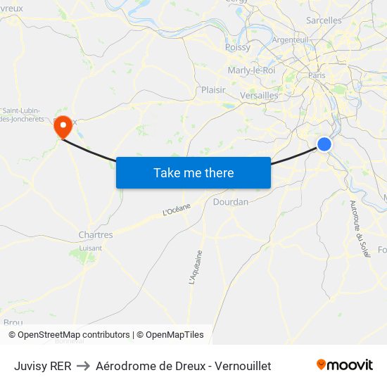 Juvisy RER to Aérodrome de Dreux - Vernouillet map