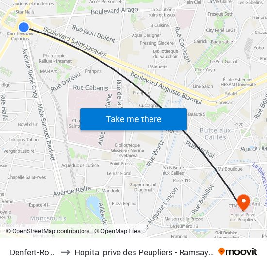 Denfert-Rochereau to Hôpital privé des Peupliers - Ramsay Générale de Santé map