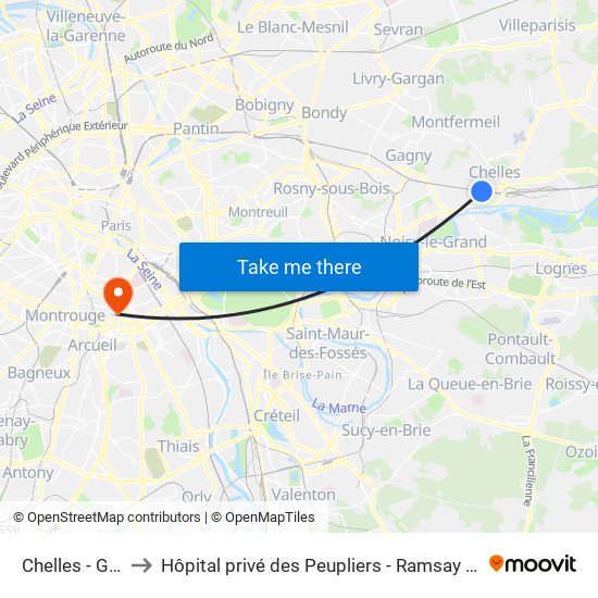 Chelles - Gournay to Hôpital privé des Peupliers - Ramsay Générale de Santé map