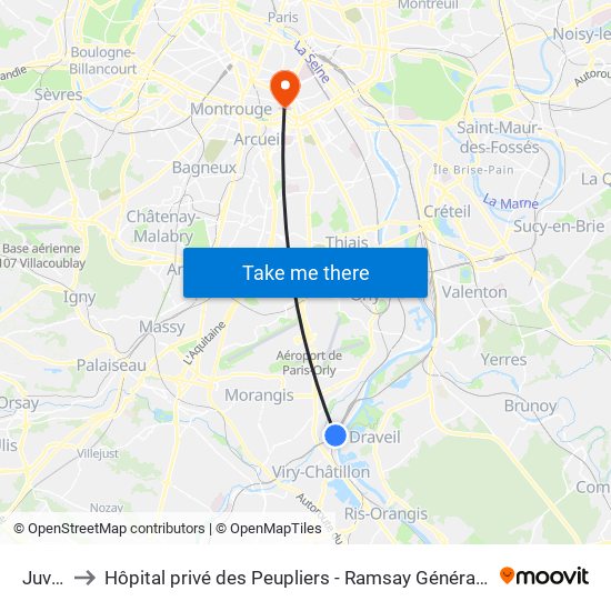 Juvisy to Hôpital privé des Peupliers - Ramsay Générale de Santé map