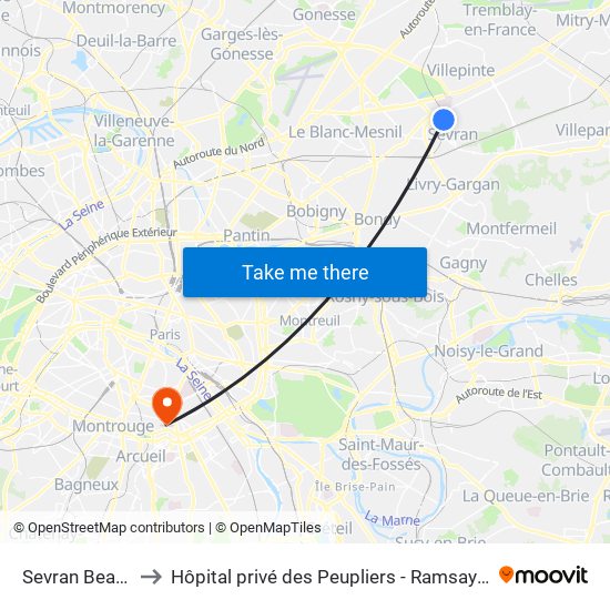 Sevran Beaudottes to Hôpital privé des Peupliers - Ramsay Générale de Santé map