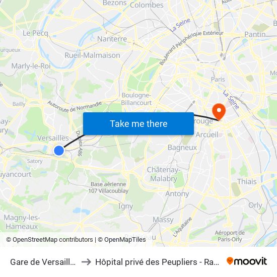 Gare de Versailles - Chantiers to Hôpital privé des Peupliers - Ramsay Générale de Santé map