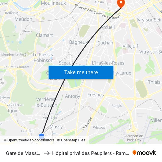 Gare de Massy-Palaiseau to Hôpital privé des Peupliers - Ramsay Générale de Santé map