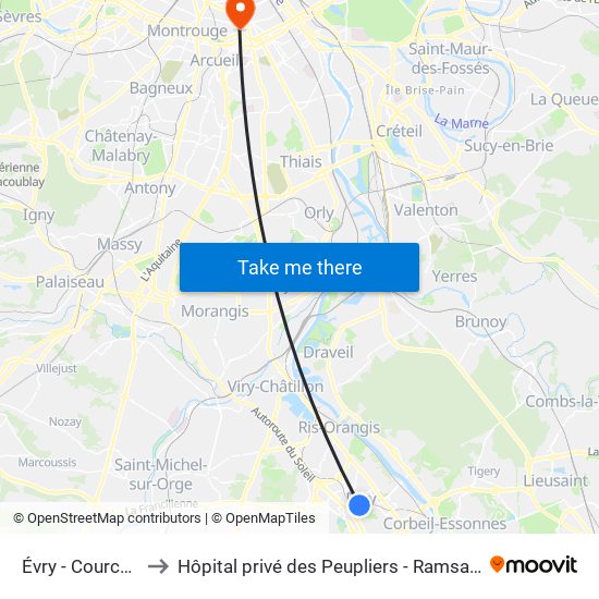 Évry - Courcouronnes to Hôpital privé des Peupliers - Ramsay Générale de Santé map