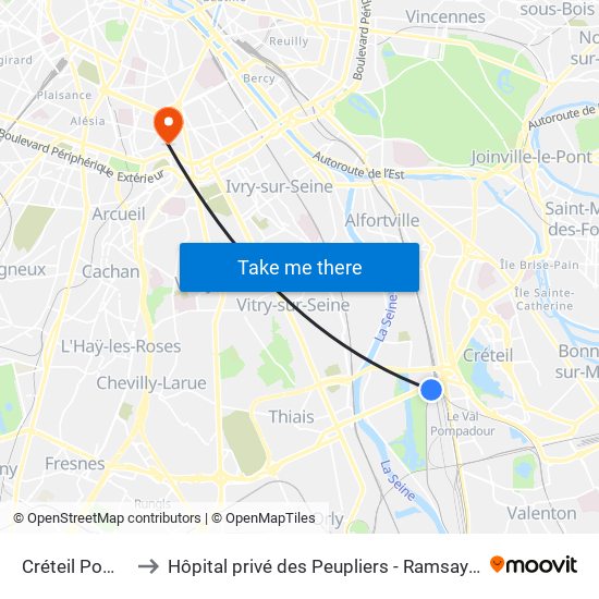 Créteil Pompadour to Hôpital privé des Peupliers - Ramsay Générale de Santé map