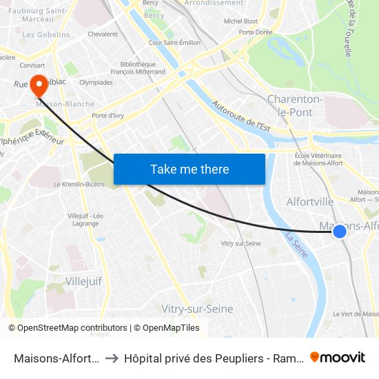 Maisons-Alfort - Alfortville to Hôpital privé des Peupliers - Ramsay Générale de Santé map