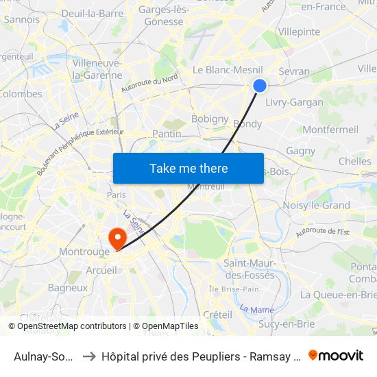 Aulnay-Sous-Bois to Hôpital privé des Peupliers - Ramsay Générale de Santé map