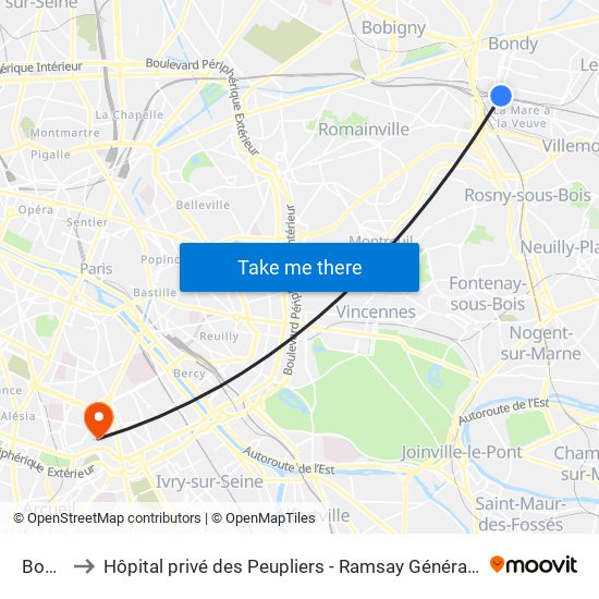 Bondy to Hôpital privé des Peupliers - Ramsay Générale de Santé map
