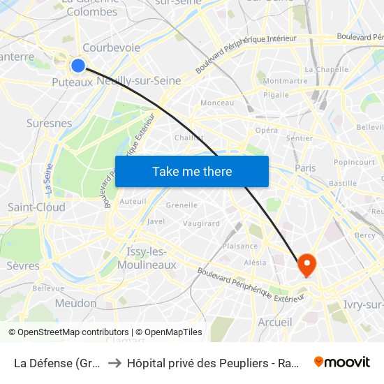 La Défense (Grande Arche) to Hôpital privé des Peupliers - Ramsay Générale de Santé map