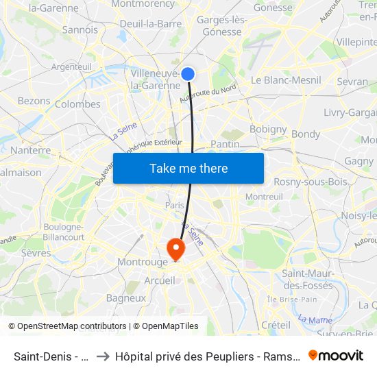 Saint-Denis - Université to Hôpital privé des Peupliers - Ramsay Générale de Santé map