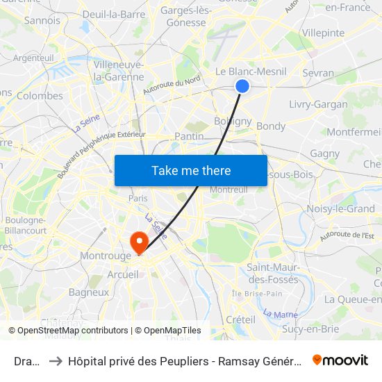 Drancy to Hôpital privé des Peupliers - Ramsay Générale de Santé map
