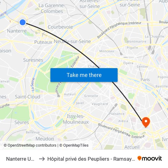 Nanterre Université to Hôpital privé des Peupliers - Ramsay Générale de Santé map
