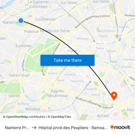 Nanterre Préfecture to Hôpital privé des Peupliers - Ramsay Générale de Santé map