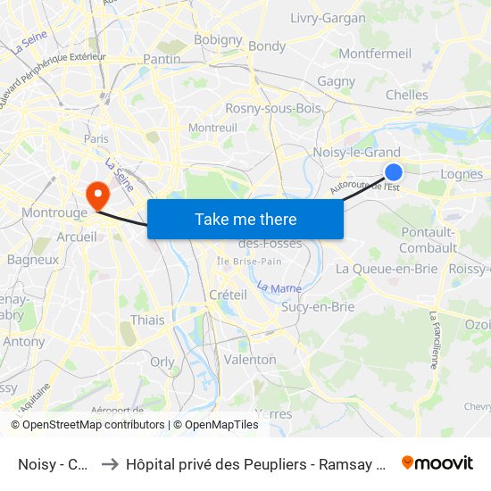 Noisy - Champs to Hôpital privé des Peupliers - Ramsay Générale de Santé map