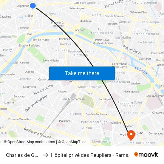 Charles de Gaulle Etoile to Hôpital privé des Peupliers - Ramsay Générale de Santé map