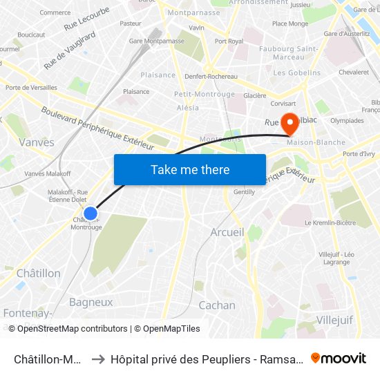 Châtillon-Montrouge to Hôpital privé des Peupliers - Ramsay Générale de Santé map